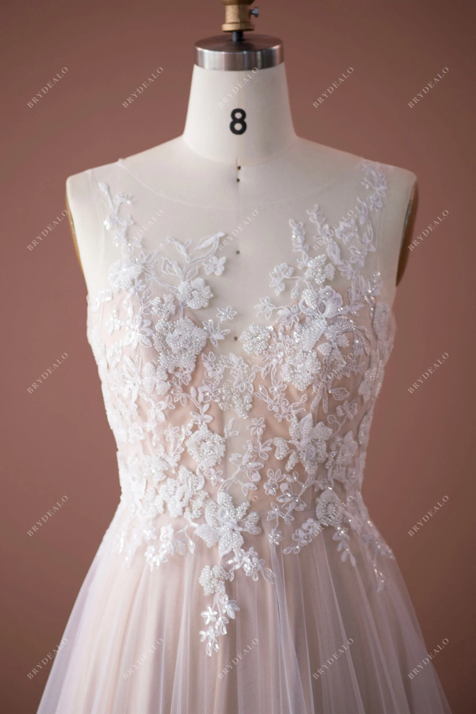 Romantic Beaded Lace Illusion Neck Nude Beige Wedding Dress