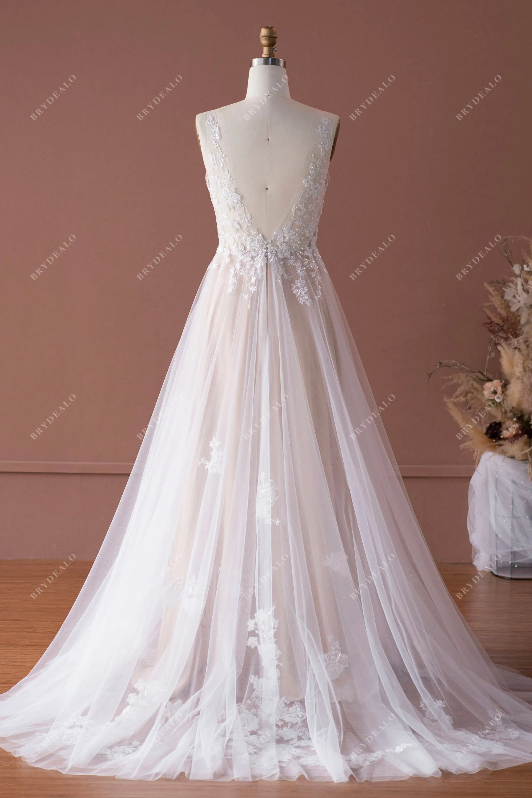 Romantic Beaded Lace Illusion Neck Nude Beige Wedding Dress