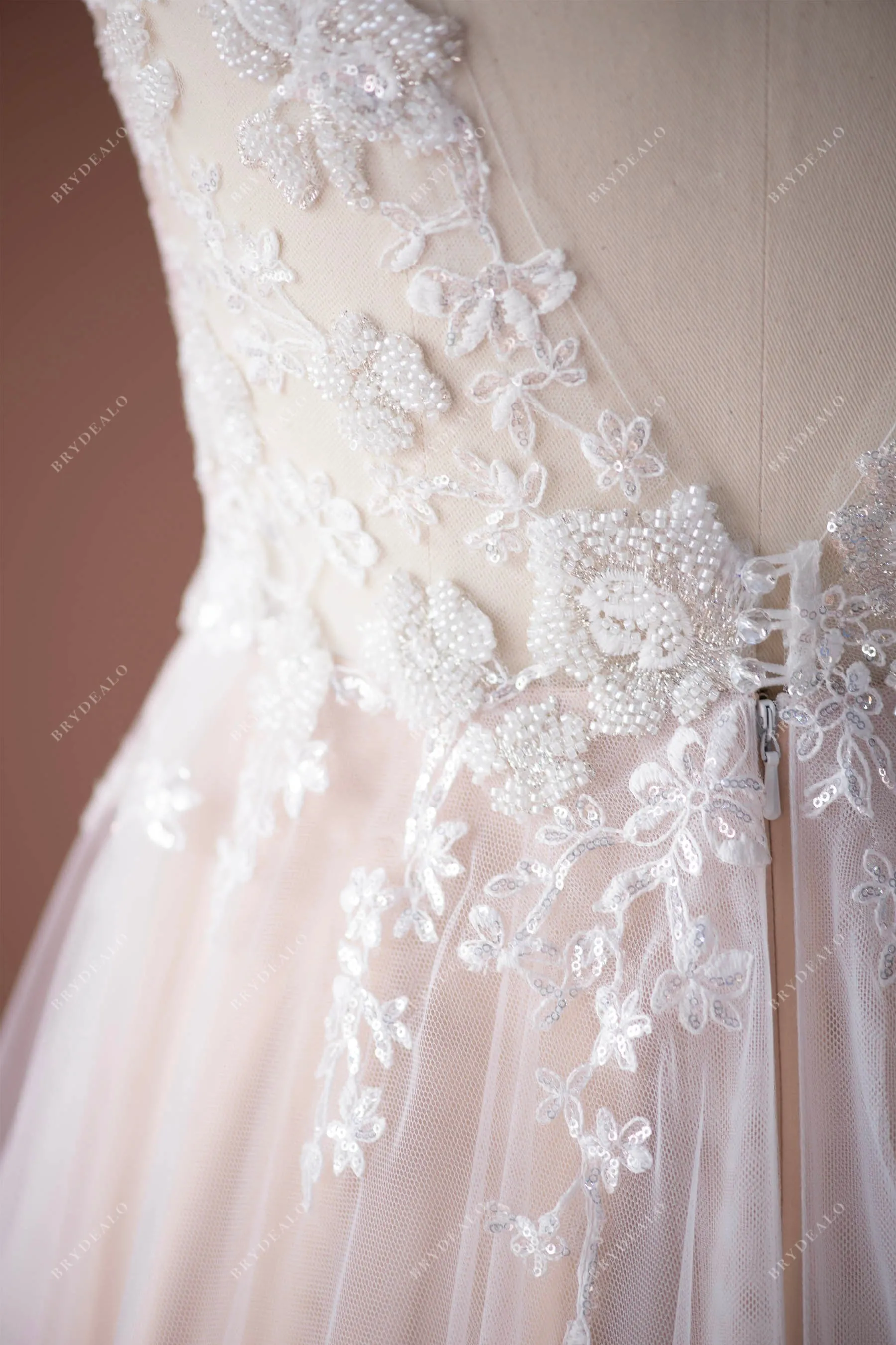 Romantic Beaded Lace Illusion Neck Nude Beige Wedding Dress