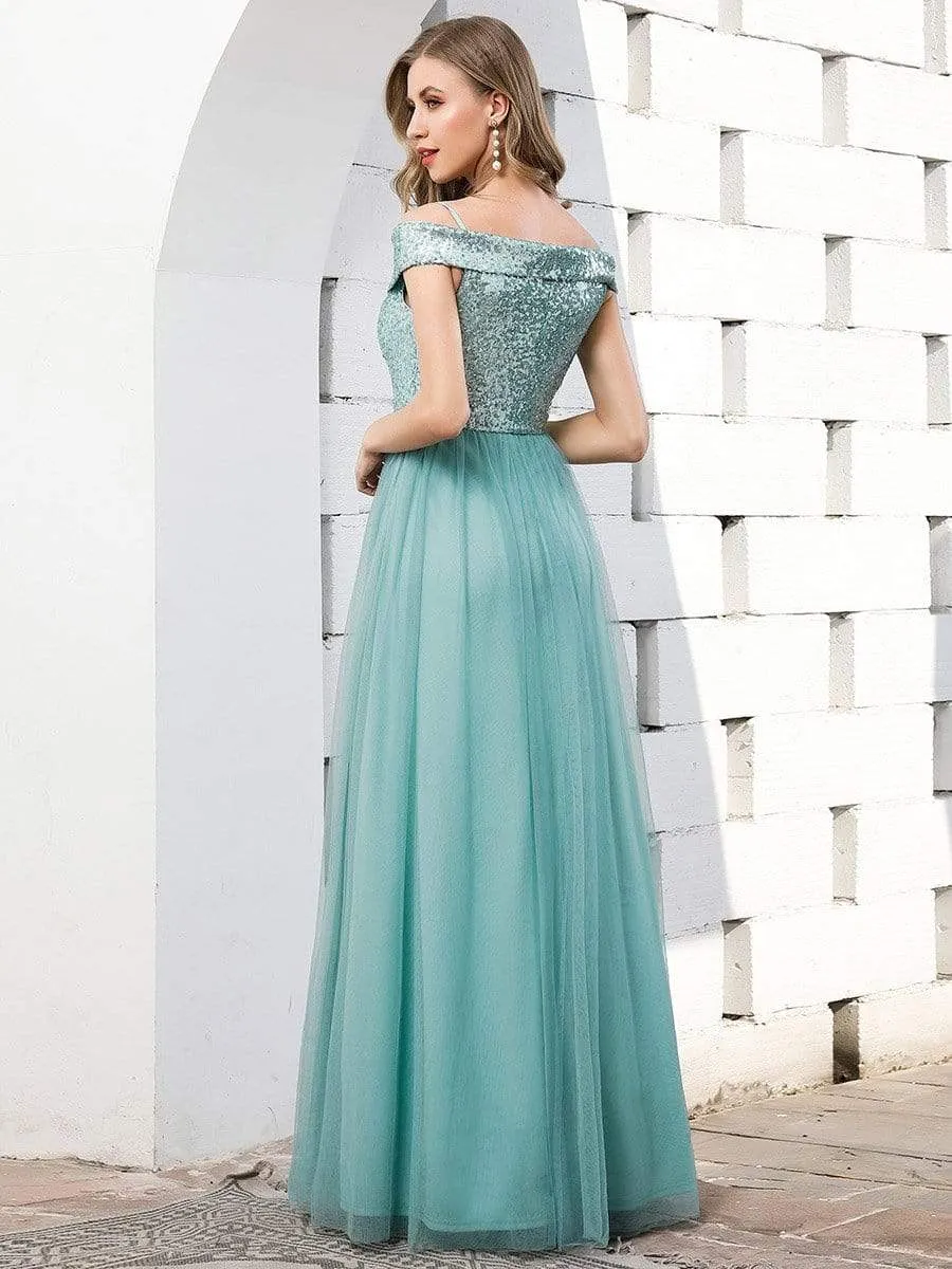 Romantic Off Shoulder Tulle and Sequin Bridesmaid Dress with Strap