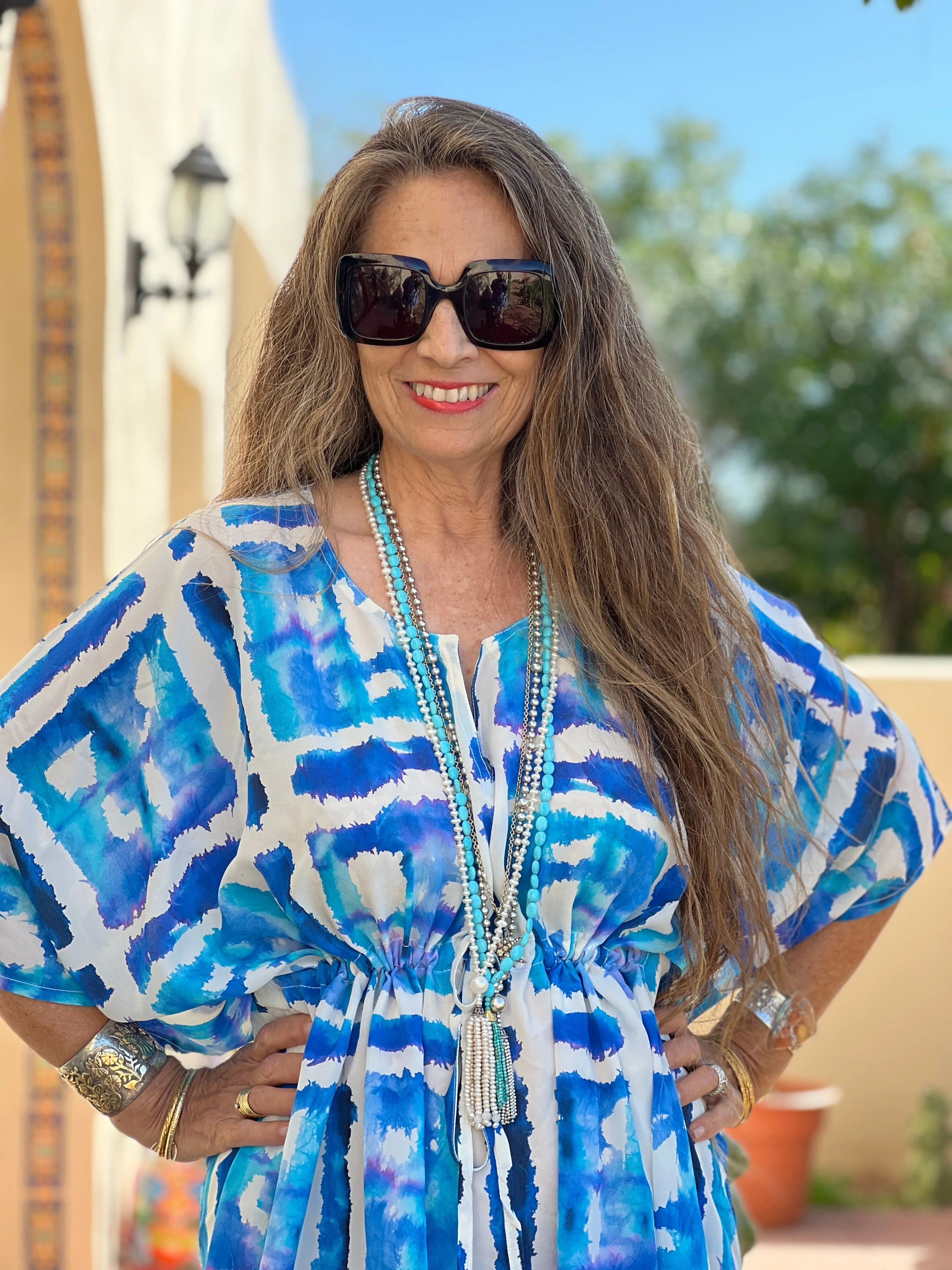 Santorini Italian Silk Tie Dye Midi Kaftan Dress