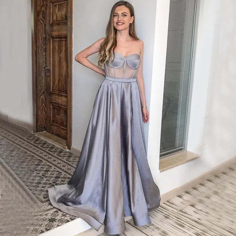 Sexy Sweetheart Grey See-through Top A-line Long Prom Dress