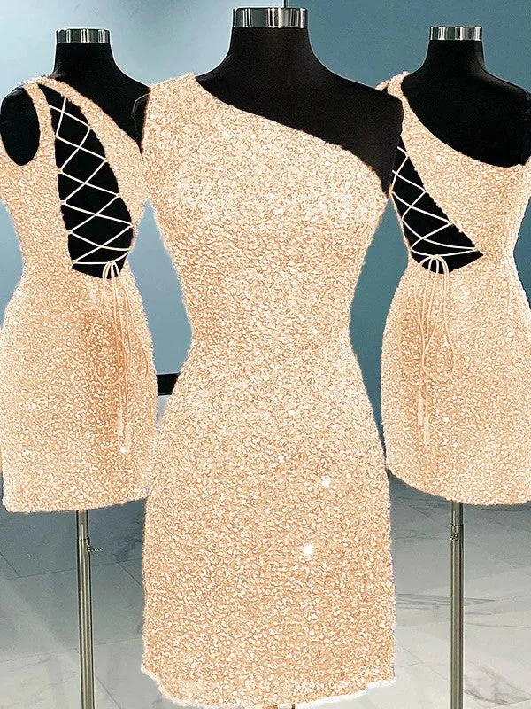 Sheath One Shoulder Sleeveless Short Velvet Sequin Prom Dress (AF1018)