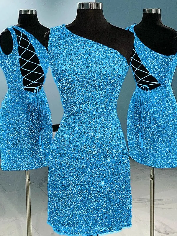 Sheath One Shoulder Sleeveless Short Velvet Sequin Prom Dress (AF1018)