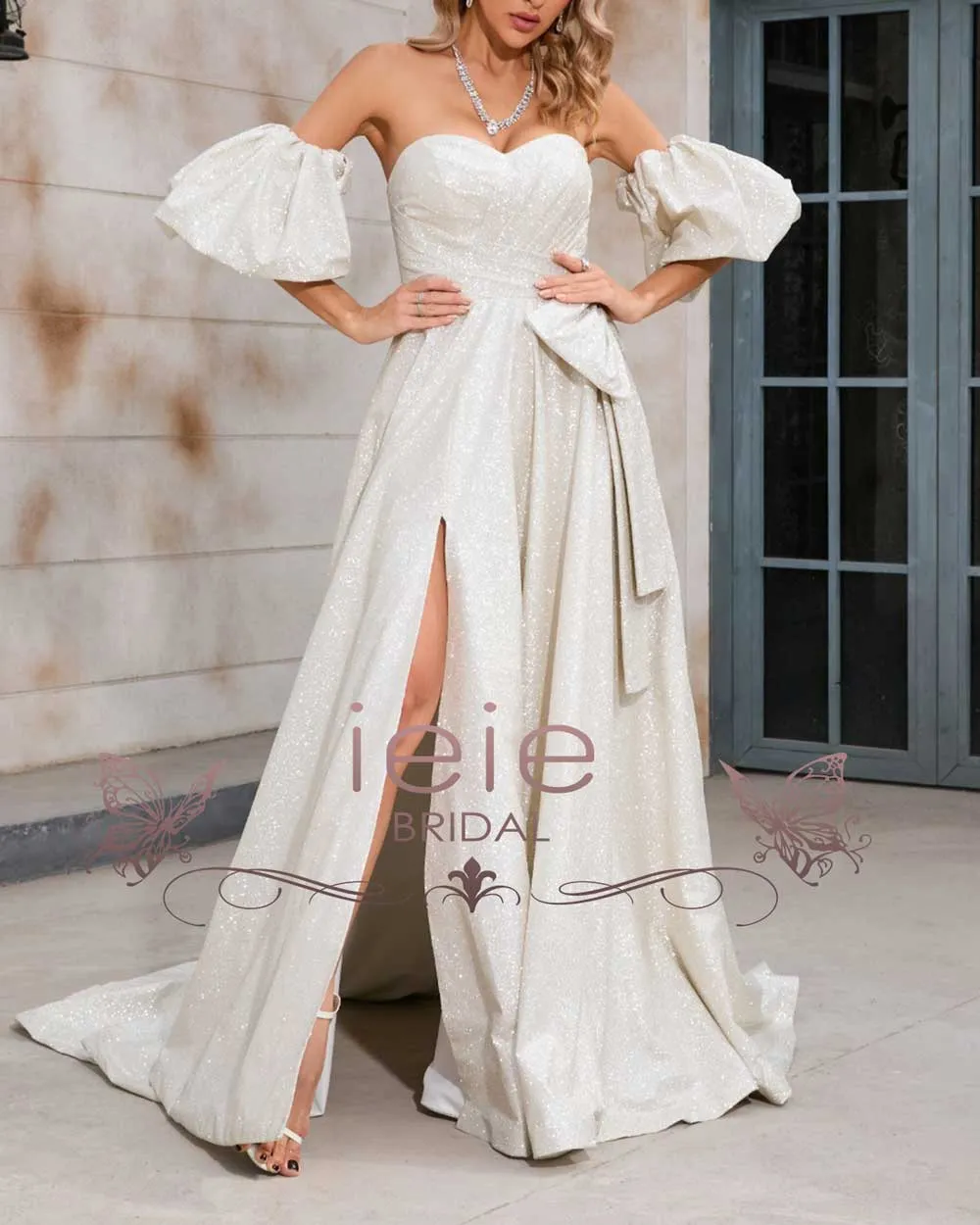 Shimmery Boho Wedding Dress with Side Slit X1002