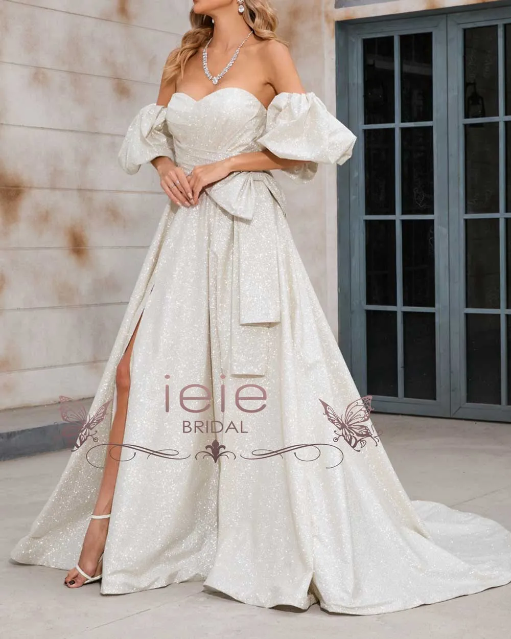 Shimmery Boho Wedding Dress with Side Slit X1002