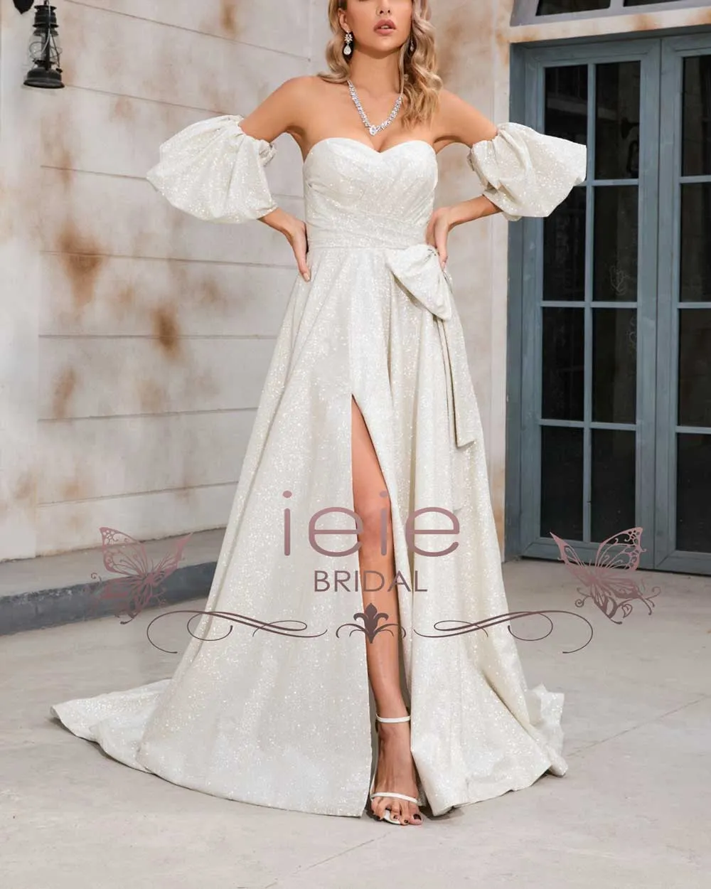 Shimmery Boho Wedding Dress with Side Slit X1002