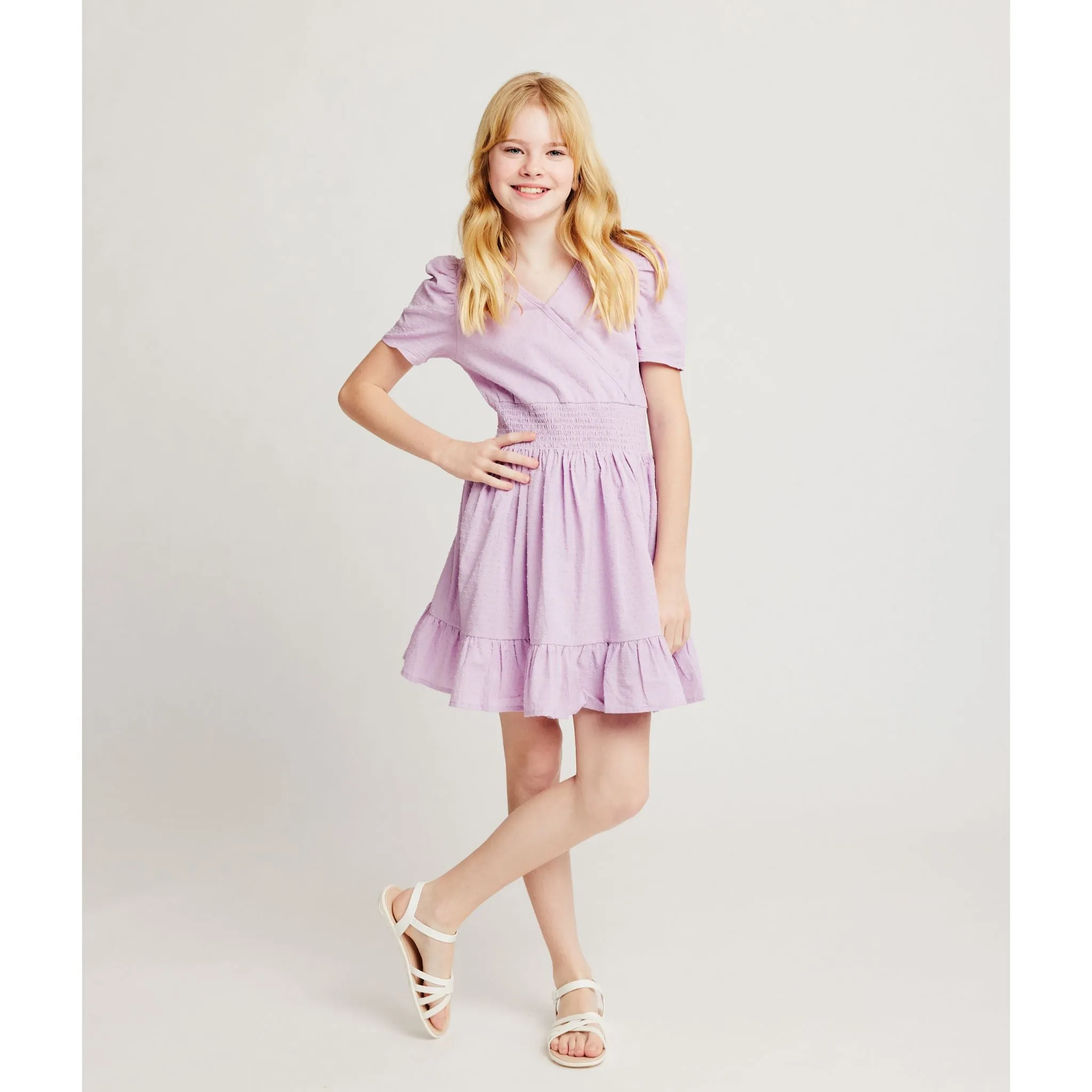 Short Sleeve Smocking Dress (Size 7-16 Years)| Purple