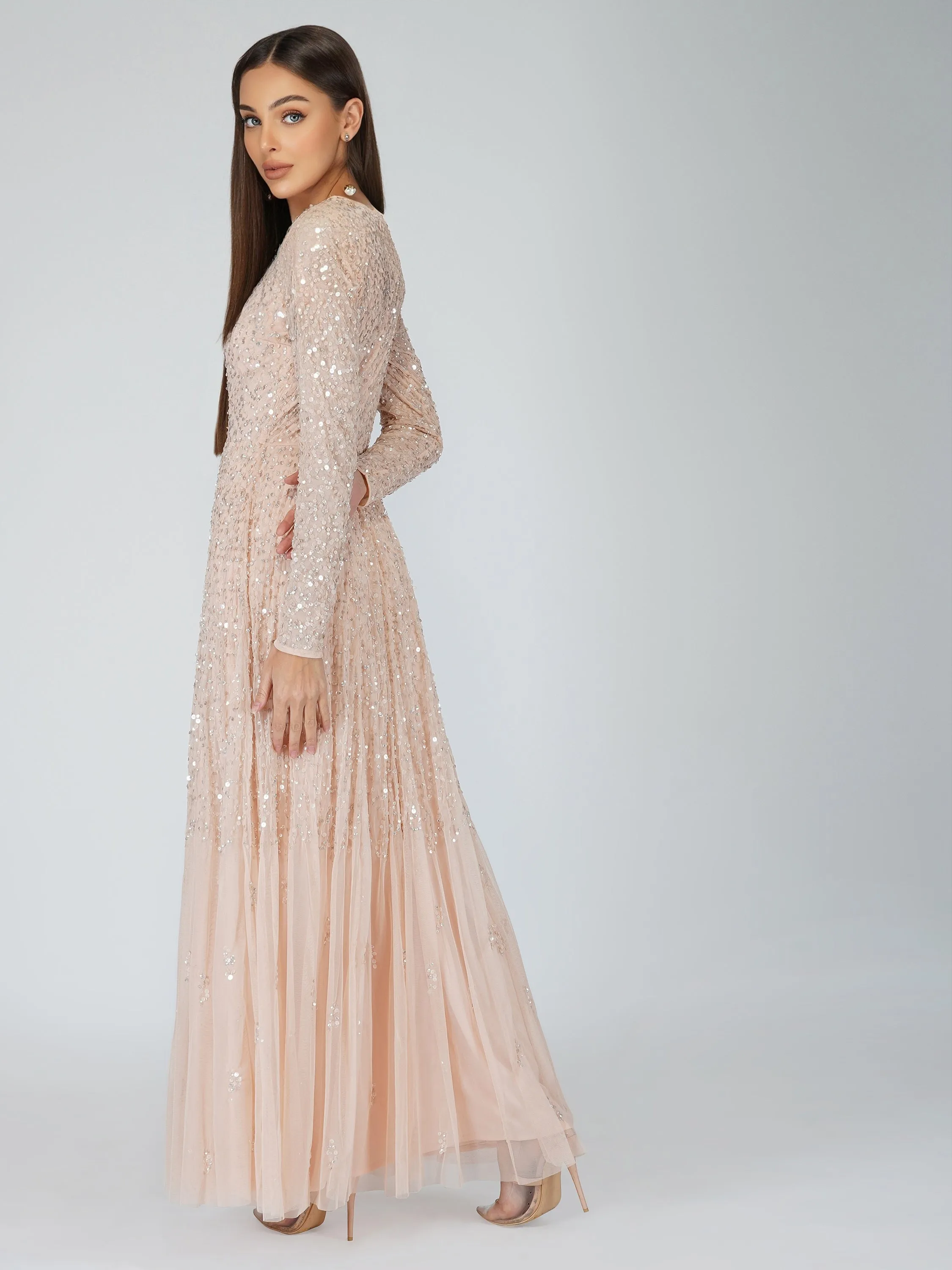 Sila Long Sleeve Embellished Maxi Dress in Blush Pink