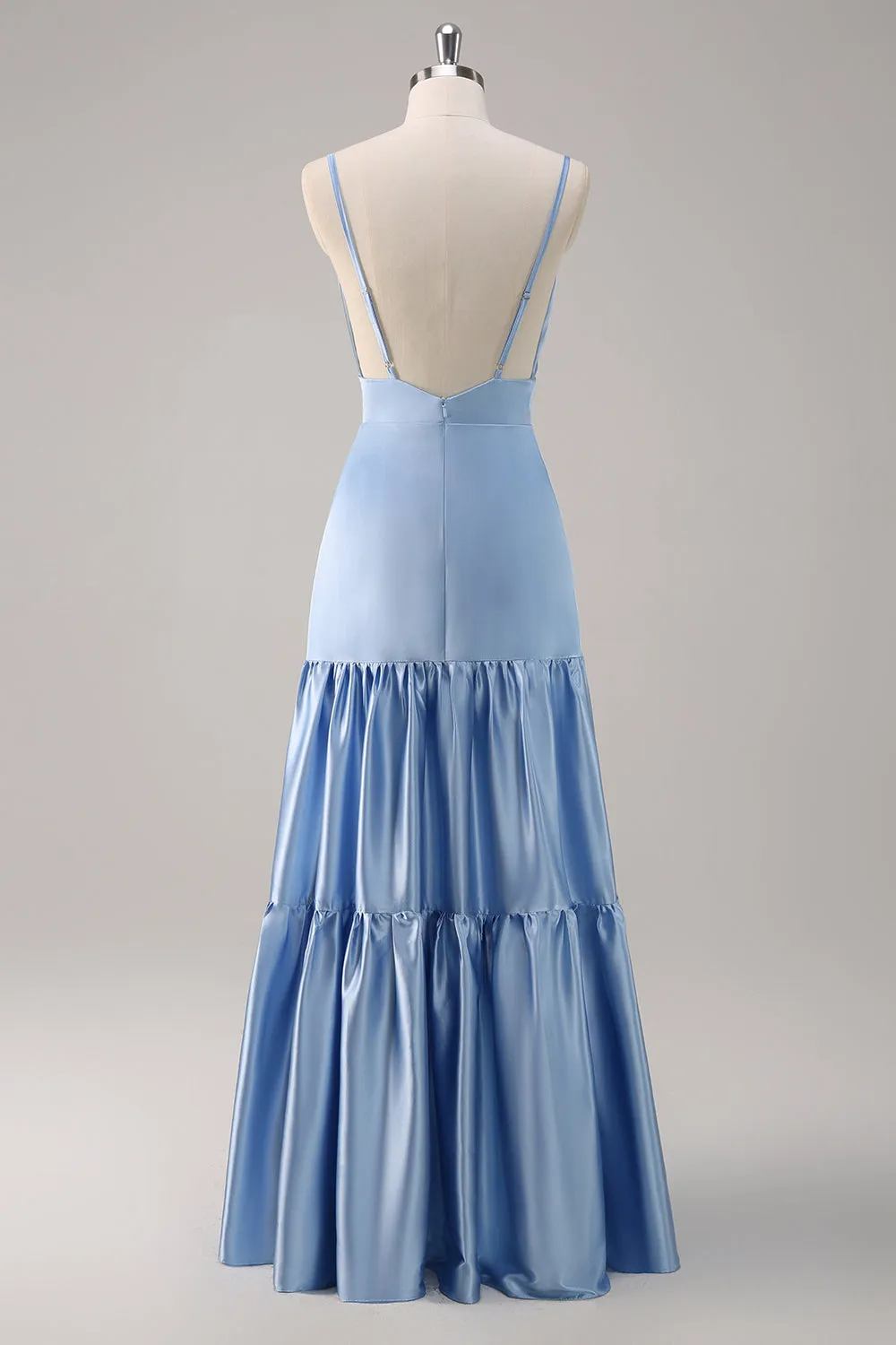 Sky Blue A Line Spaghetti Straps Satin Maxi Bridesmaid Dress