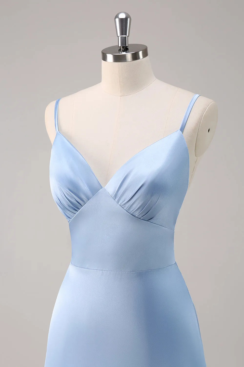 Sky Blue A Line Spaghetti Straps Satin Maxi Bridesmaid Dress