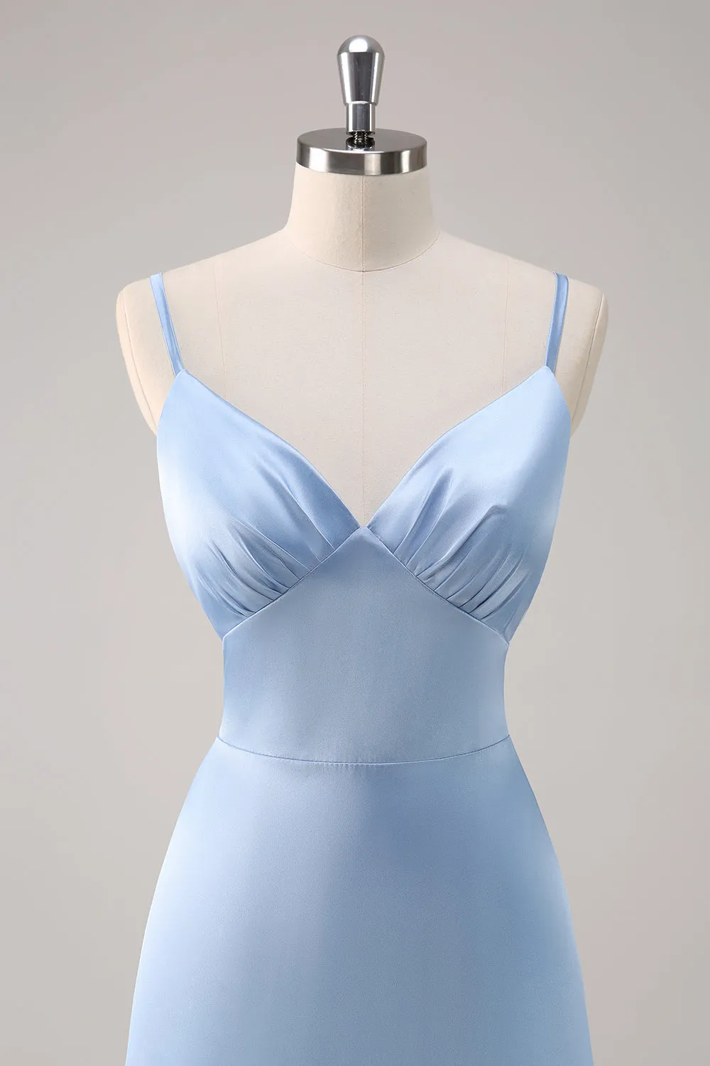 Sky Blue A Line Spaghetti Straps Satin Maxi Bridesmaid Dress