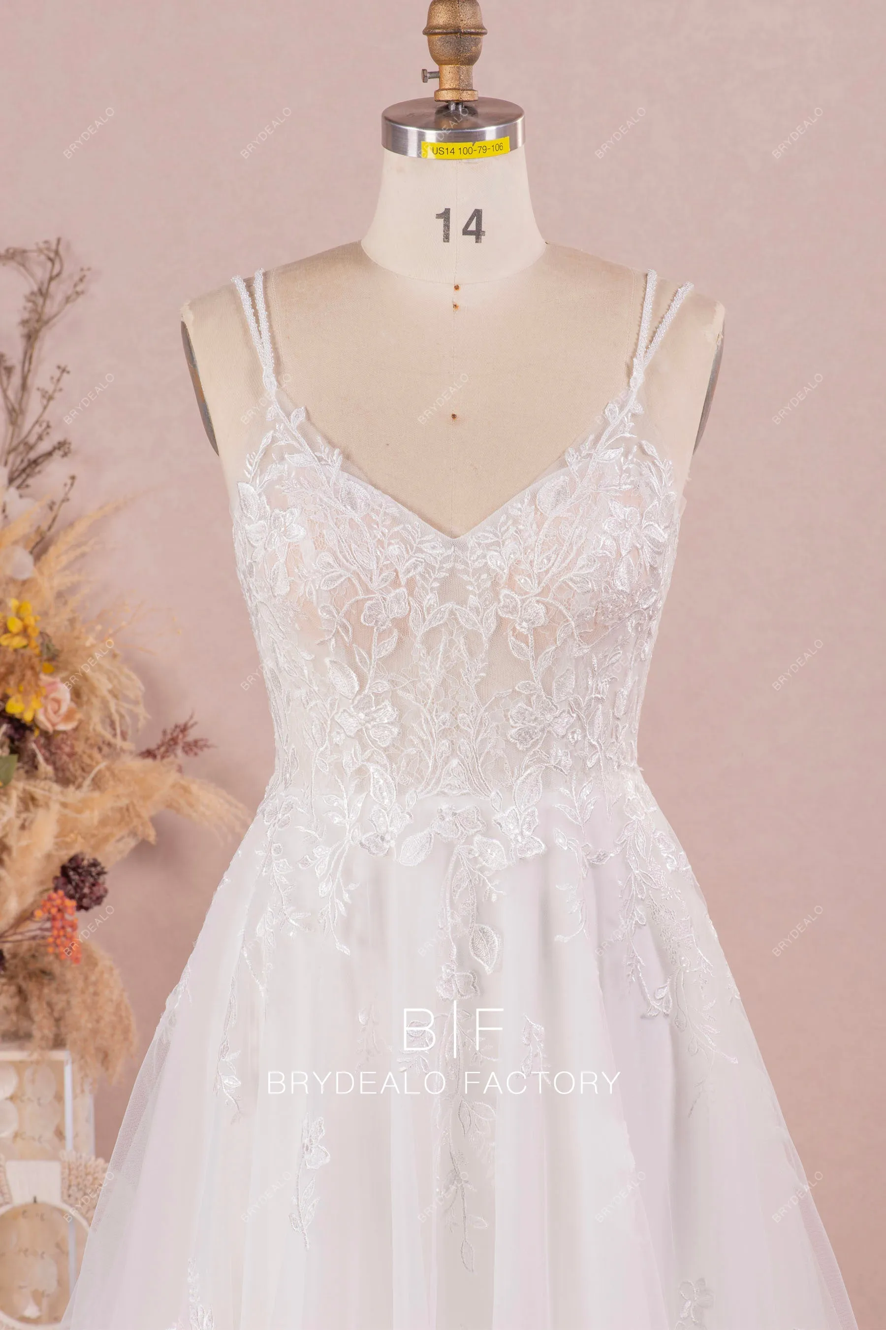 Sleeveless Lace Tulle Beaded Straps Romantic Long Wedding Dress