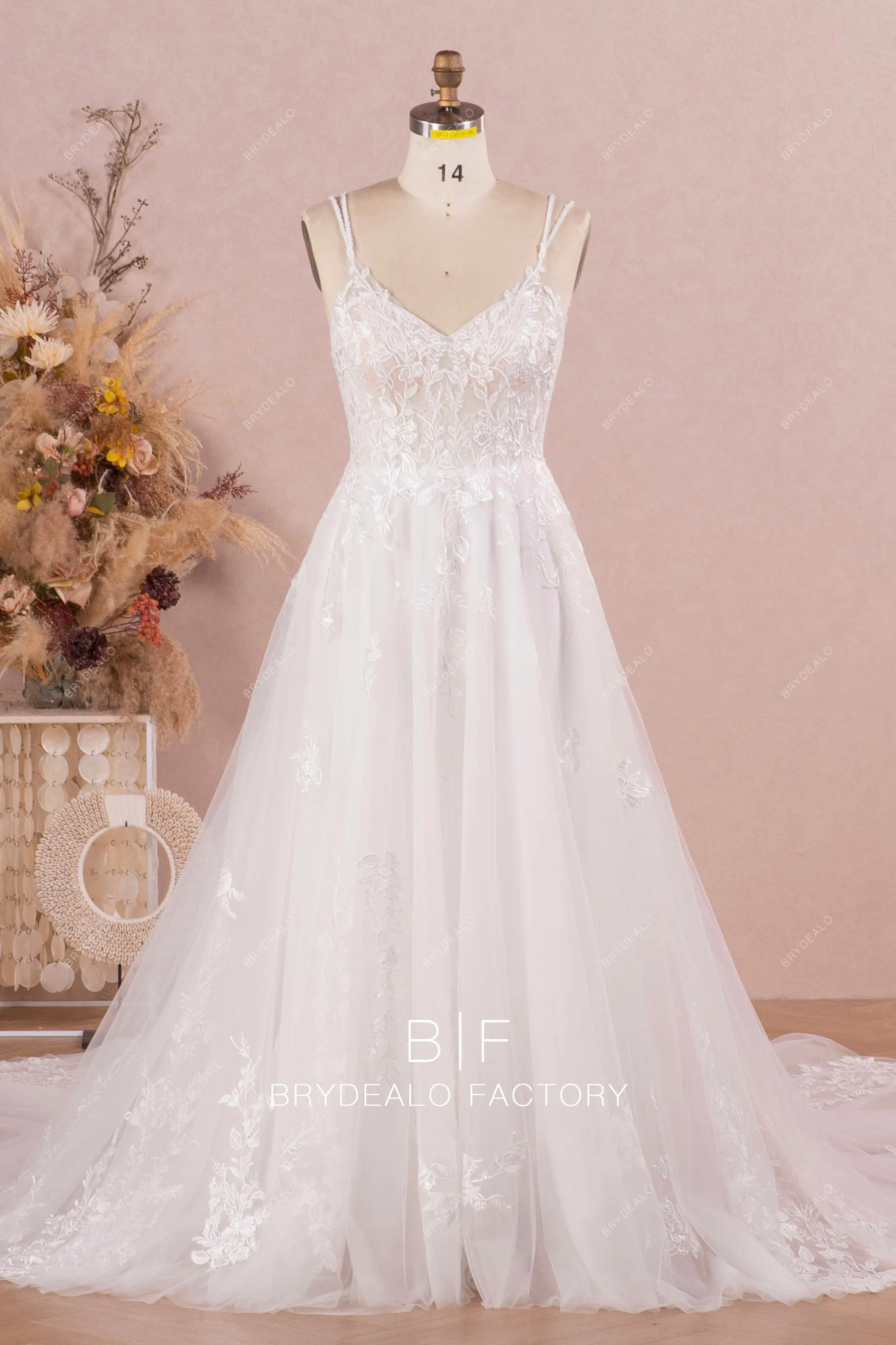 Sleeveless Lace Tulle Beaded Straps Romantic Long Wedding Dress