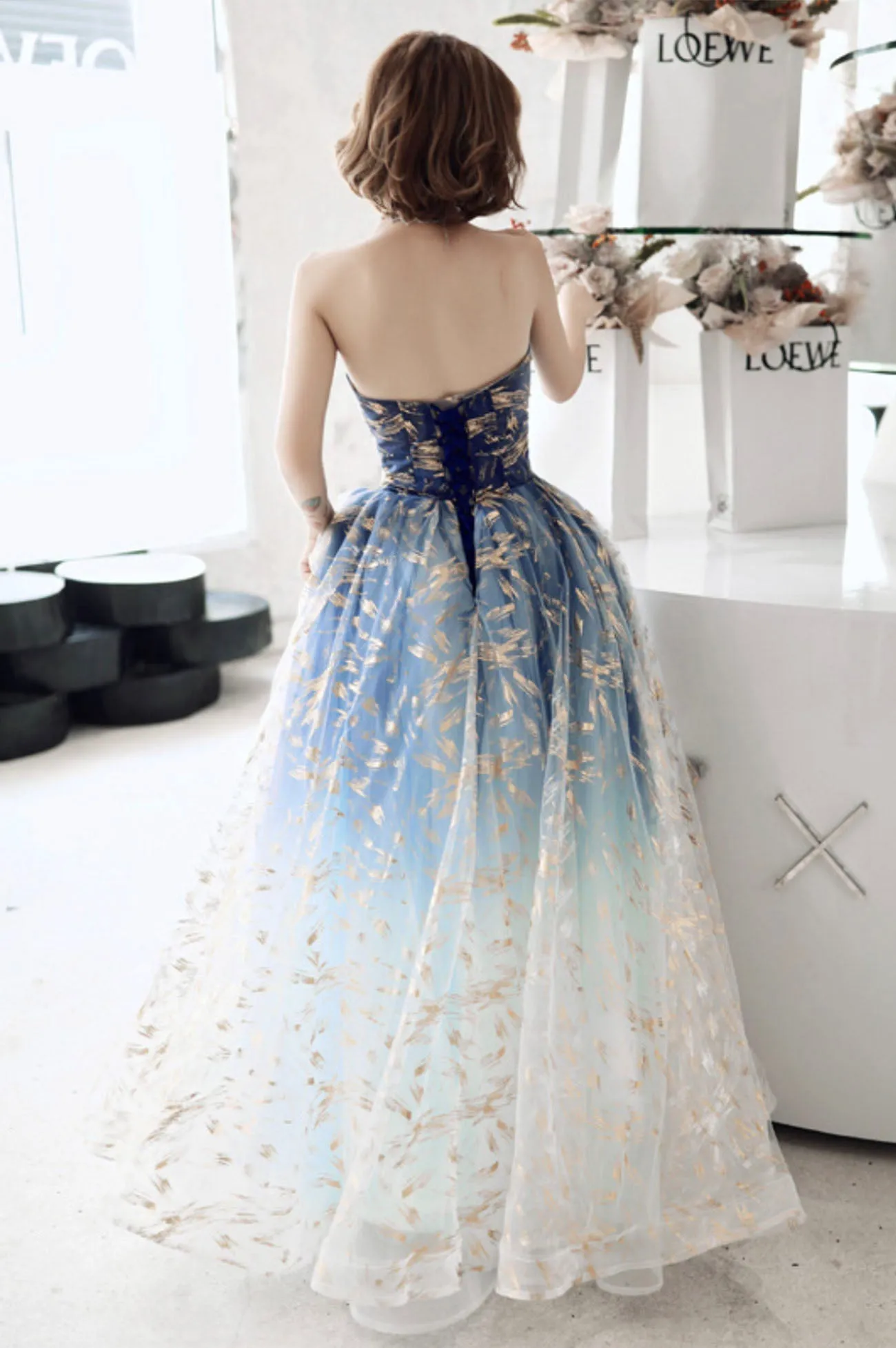 solvbao Blue Tulle Gradient Long Formal Gowns, A-Line Strapless Evening Dresses