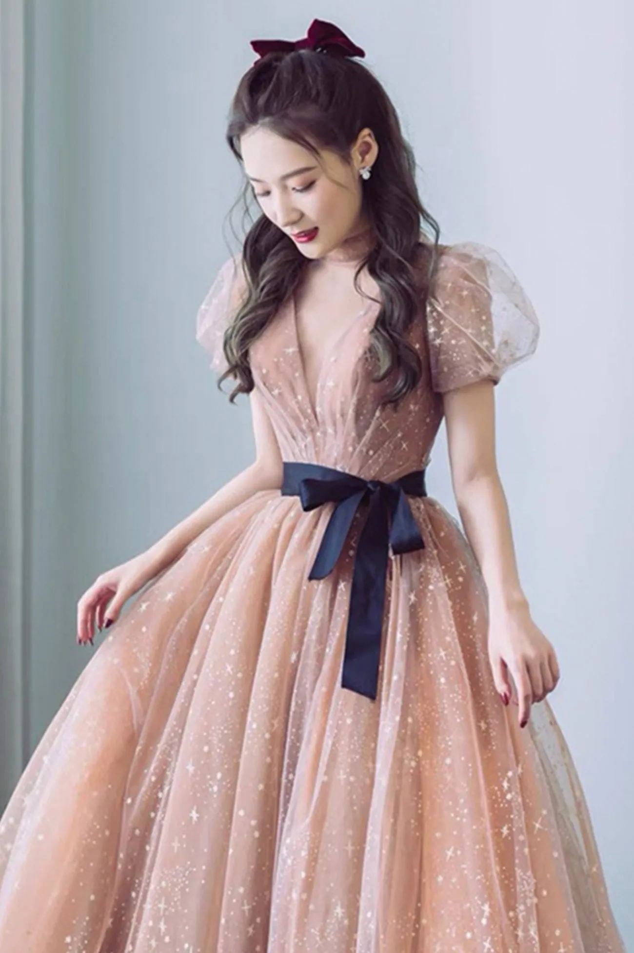 solvbao Cute Tulle Long Prom Dress, A-Line Short Sleeve Evening Party Dress