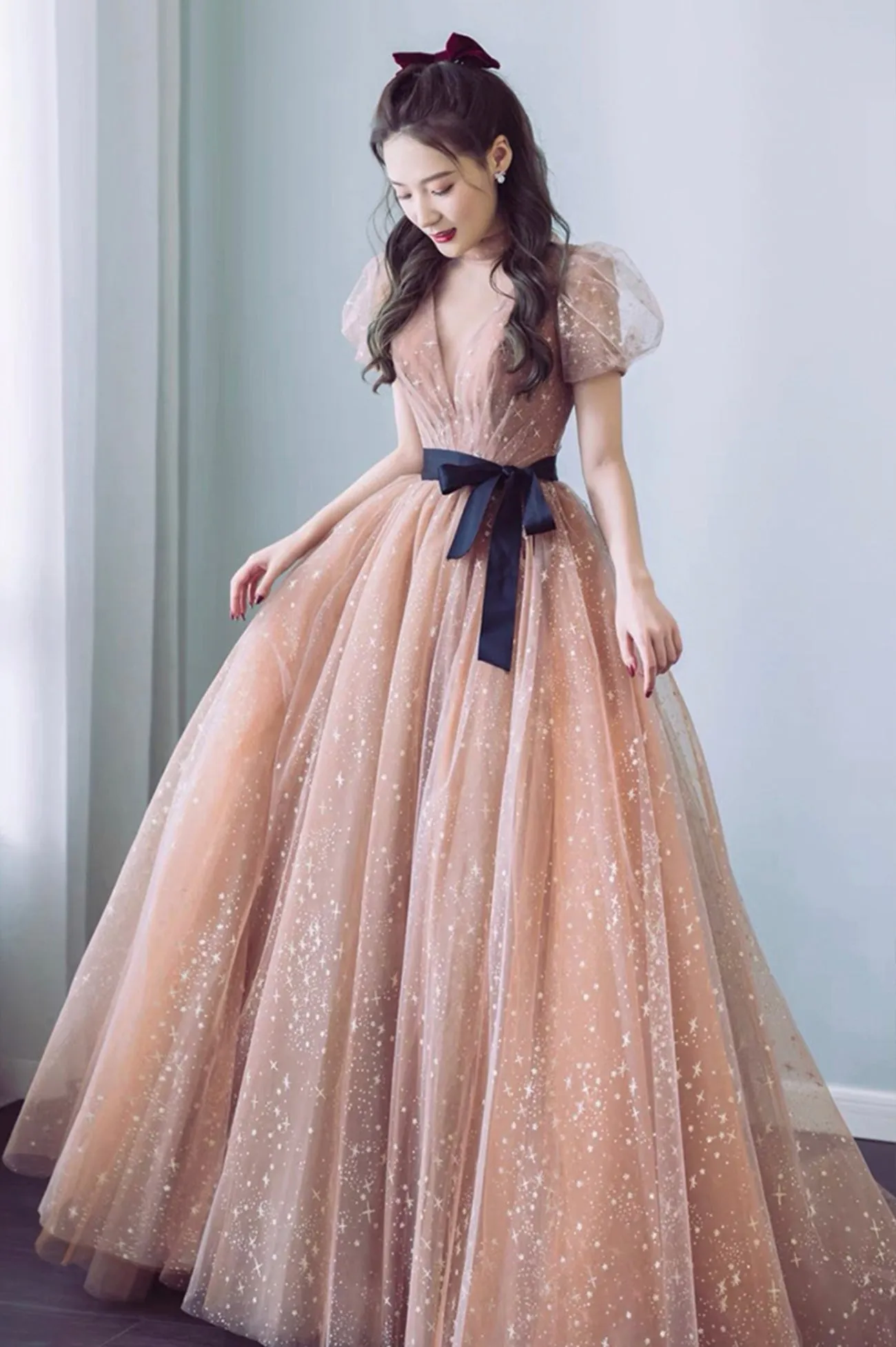 solvbao Cute Tulle Long Prom Dress, A-Line Short Sleeve Evening Party Dress