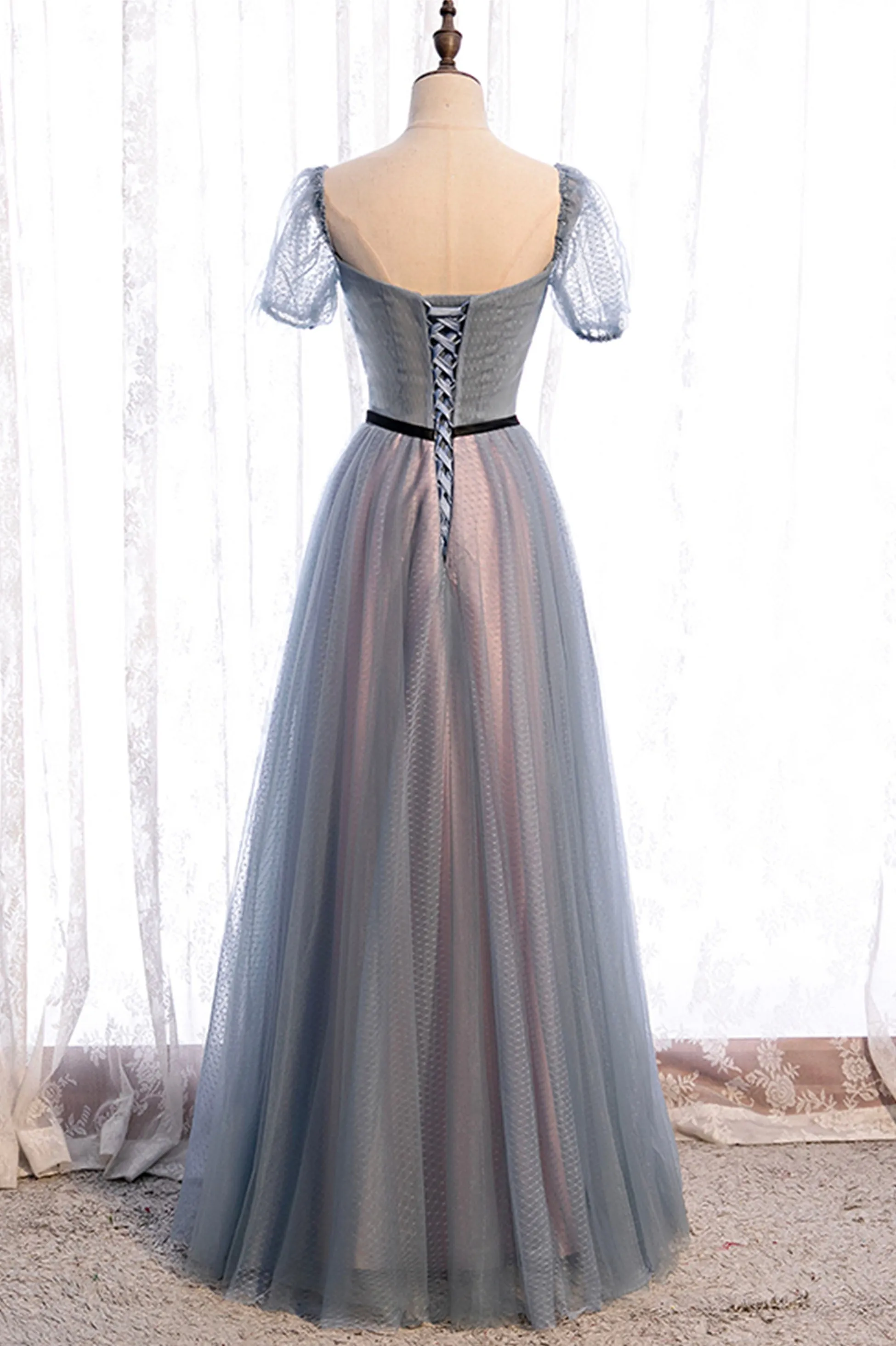 solvbao Gray Blue Tulle Long A-Line Prom Dress, Cute Short Sleeve Evening Dress