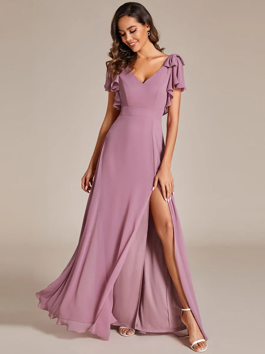 Split Ruffles Sleeves with Bowknot V-neck Chiffon Bridesmaid Dress