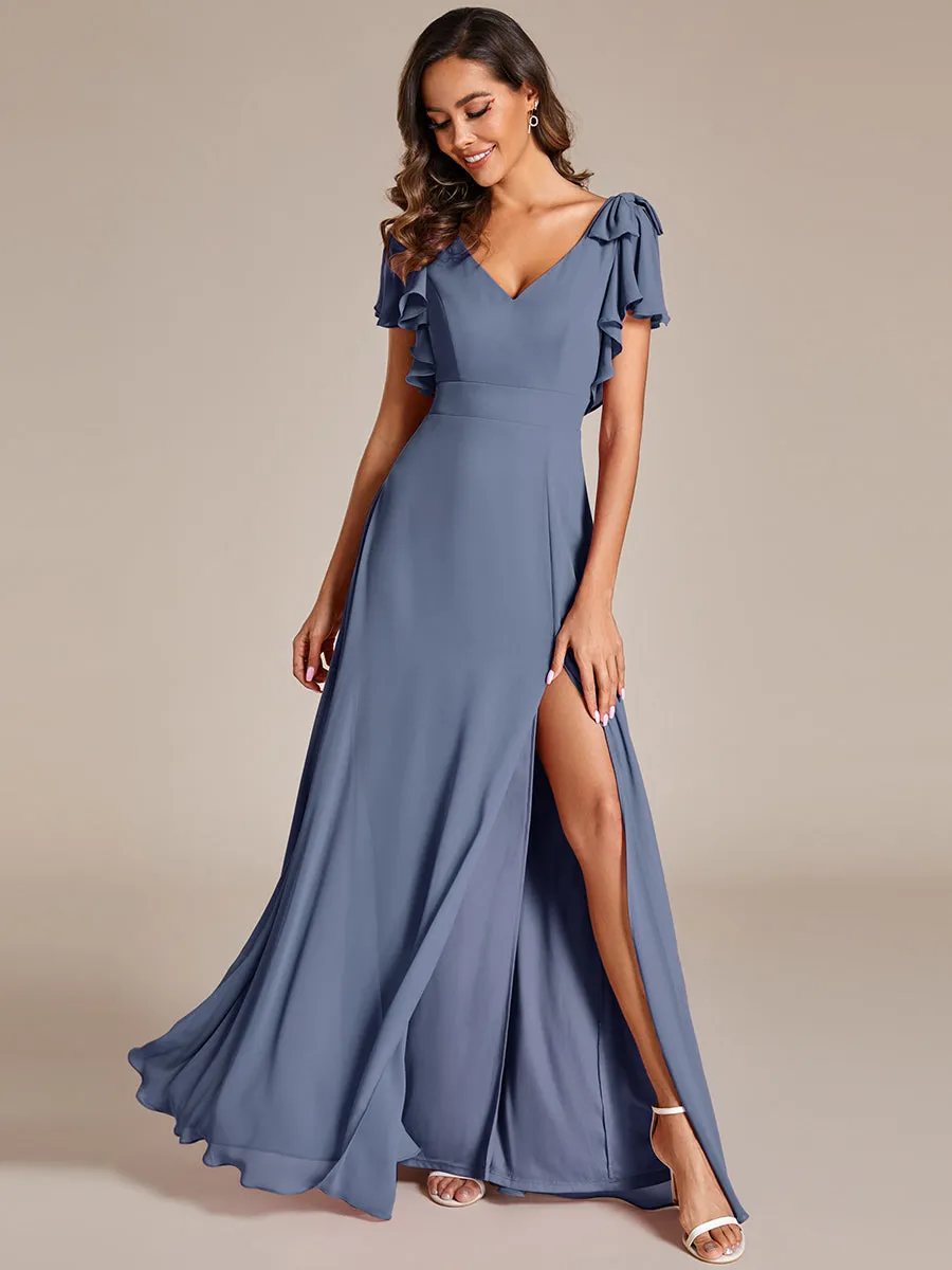 Split Ruffles Sleeves with Bowknot V-neck Chiffon Bridesmaid Dress