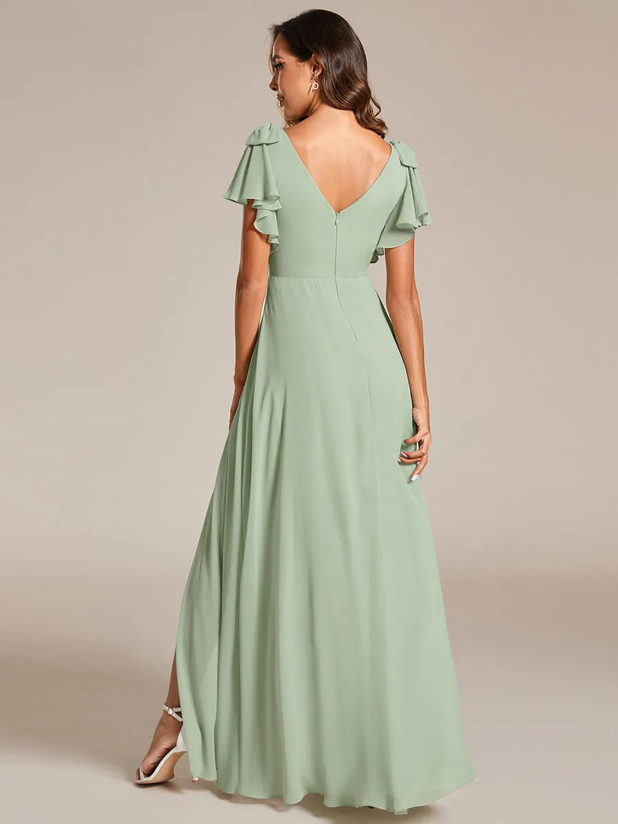 Split Ruffles Sleeves with Bowknot V-neck Chiffon Bridesmaid Dress