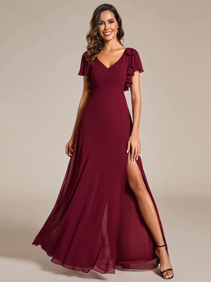 Split Ruffles Sleeves with Bowknot V-neck Chiffon Bridesmaid Dress