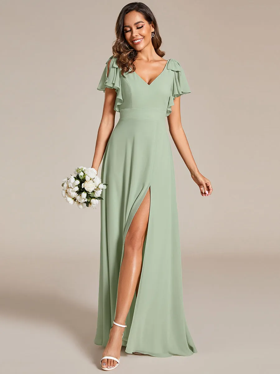 Split Ruffles Sleeves with Bowknot V-neck Chiffon Bridesmaid Dress