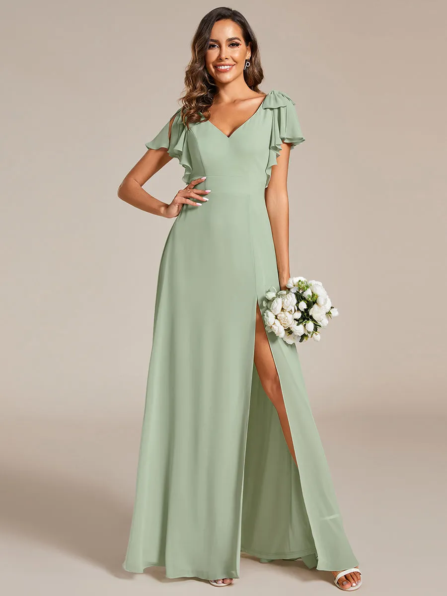 Split Ruffles Sleeves with Bowknot V-neck Chiffon Bridesmaid Dress