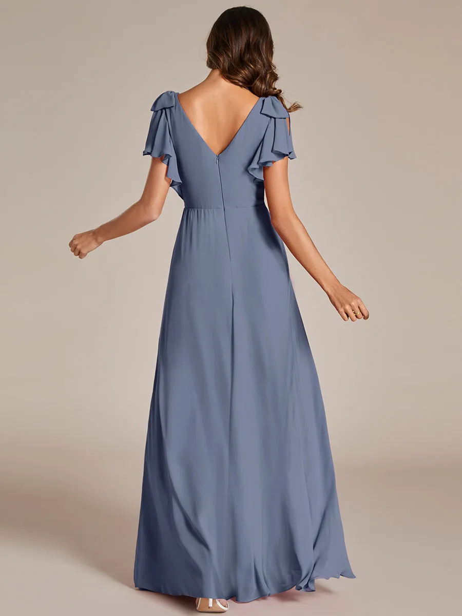 Split Ruffles Sleeves with Bowknot V-neck Chiffon Bridesmaid Dress