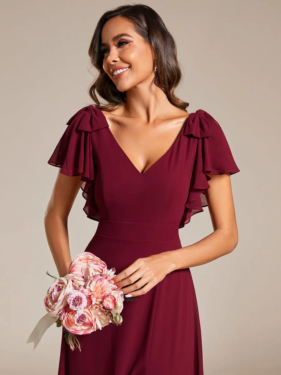 Split Ruffles Sleeves with Bowknot V-neck Chiffon Bridesmaid Dress