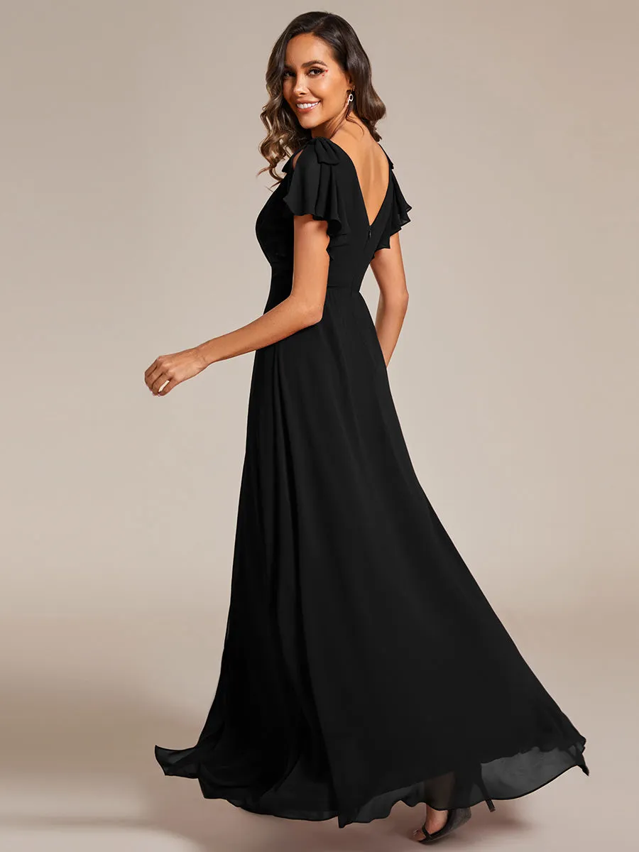 Split Ruffles Sleeves with Bowknot V-neck Chiffon Bridesmaid Dress