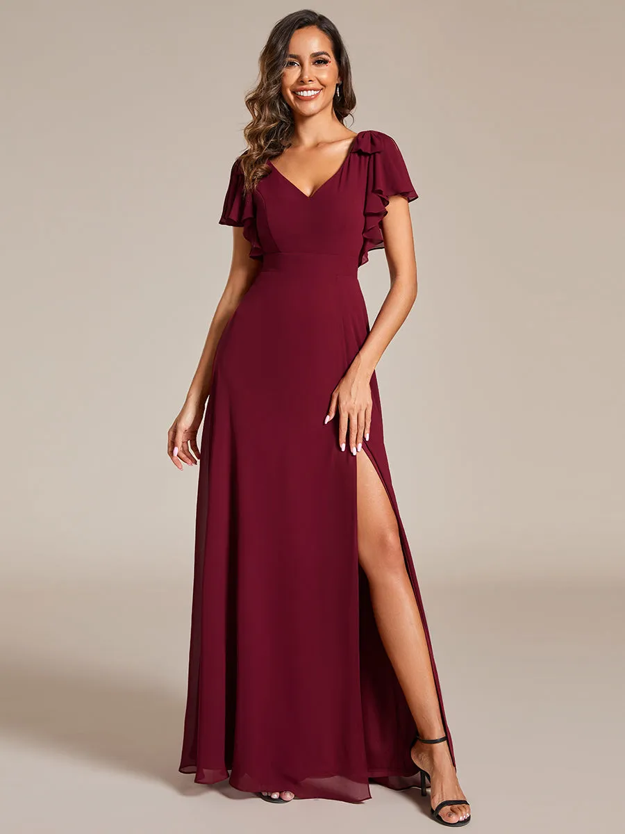 Split Ruffles Sleeves with Bowknot V-neck Chiffon Bridesmaid Dress