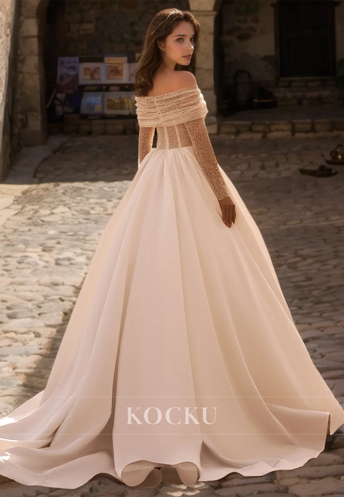 Strapless A-Line Long Sequins Sleeves Stripe Sheer Lace Wedding Dress with Sweep Train Bridal Dress