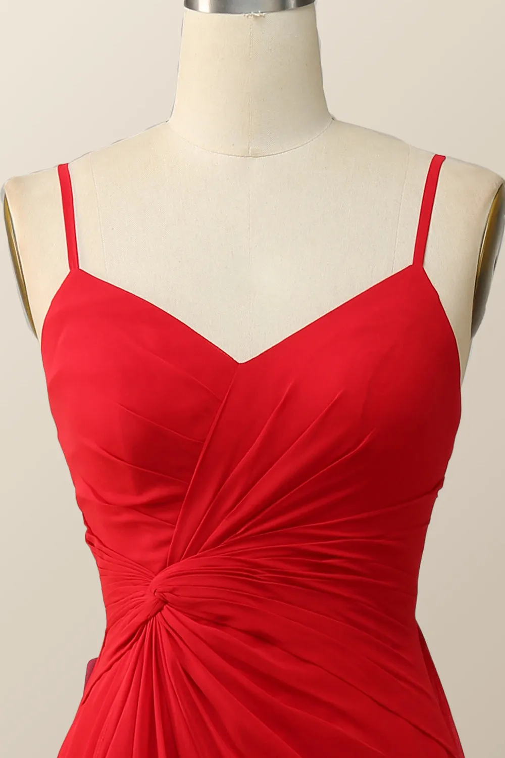 Straps Red Twisted Chiffon Long Bridesmaid Dress