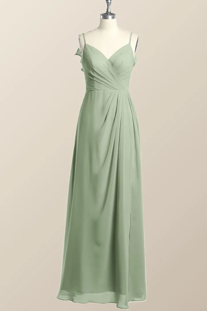 Straps Sage Green Chiffon Long Bridesmaid Dress with Open Back