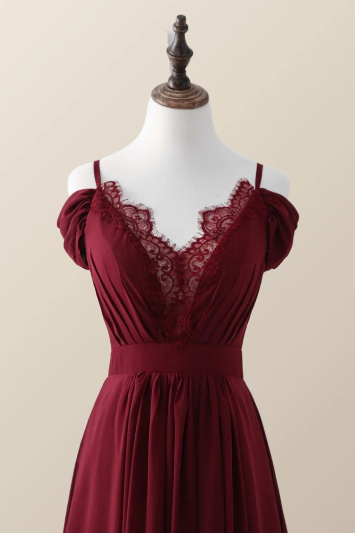 Straps Wine Red Chiffon A-line Long Bridesmaid Dress