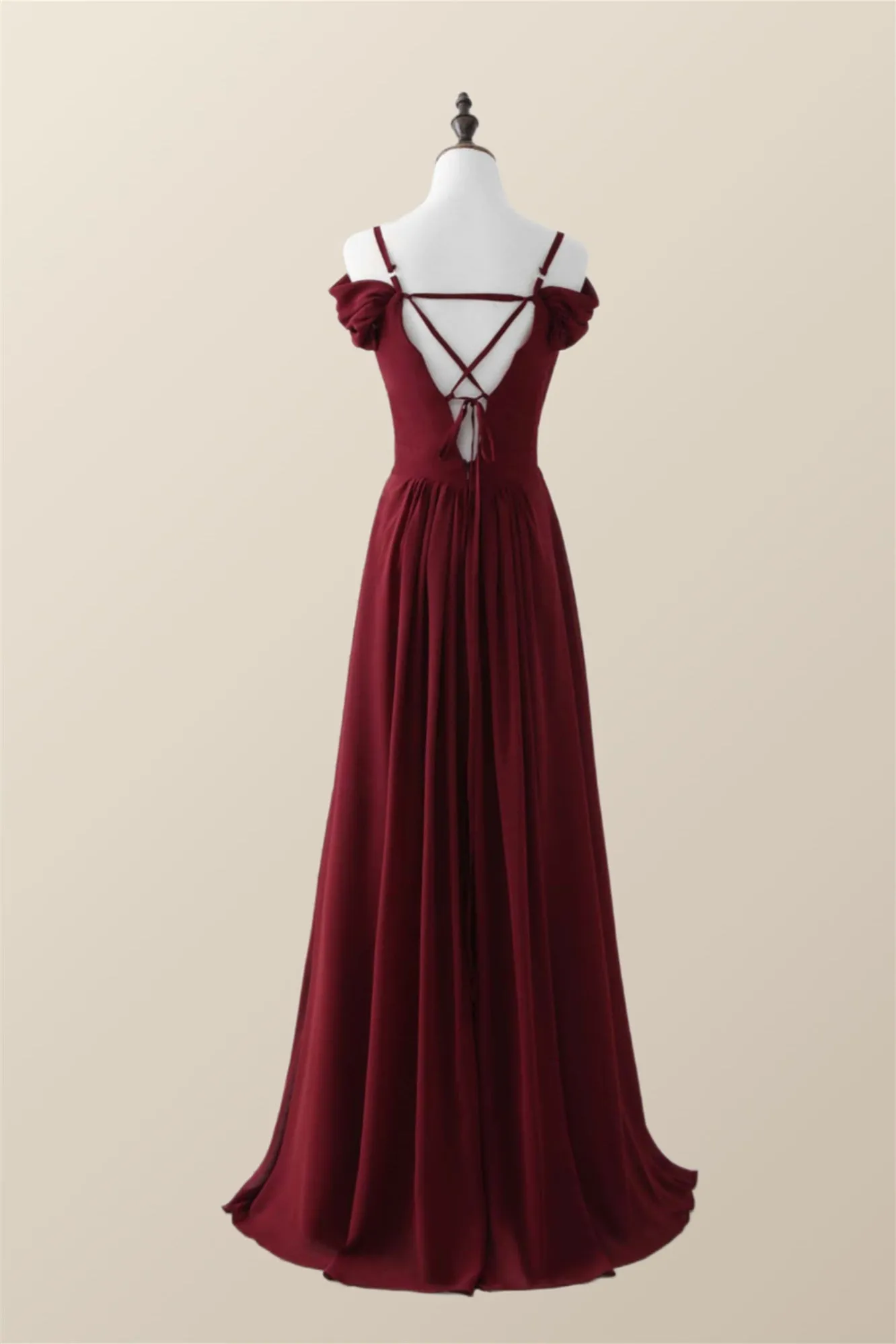 Straps Wine Red Chiffon A-line Long Bridesmaid Dress