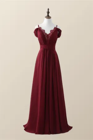 Straps Wine Red Chiffon A-line Long Bridesmaid Dress