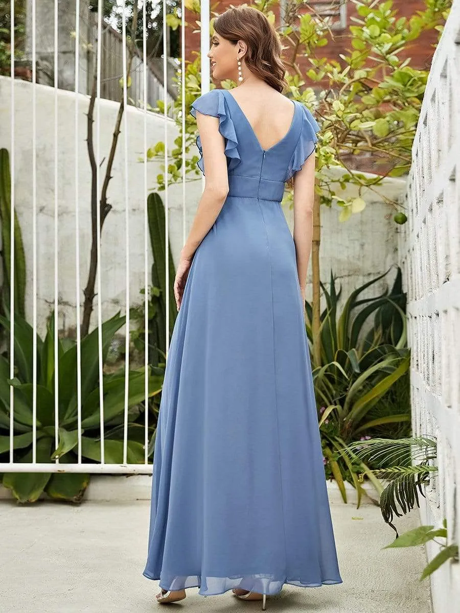 Sweet Pleated Bodice Ruffle Sleeve Long Bridesmaid Dress