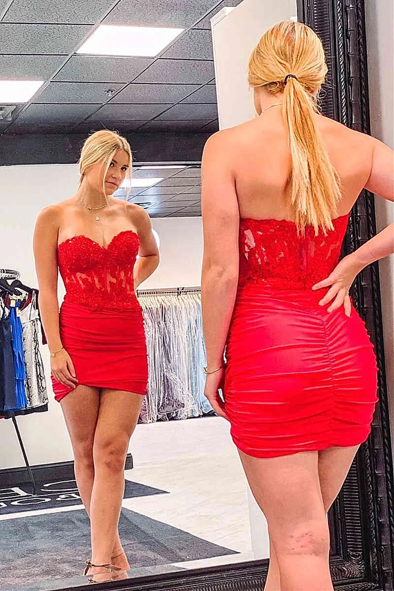 Sweetheart Red Appliques Ruched Tight Short Dress