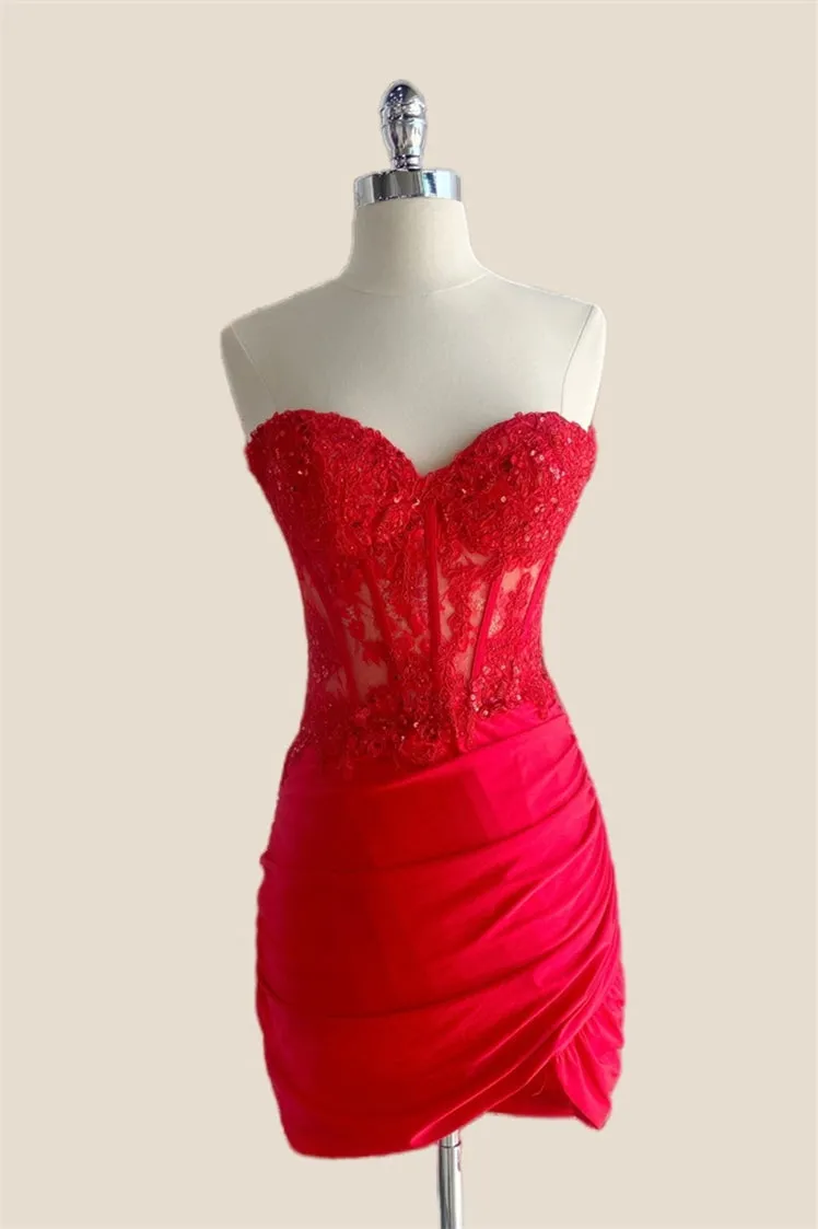 Sweetheart Red Appliques Ruched Tight Short Dress