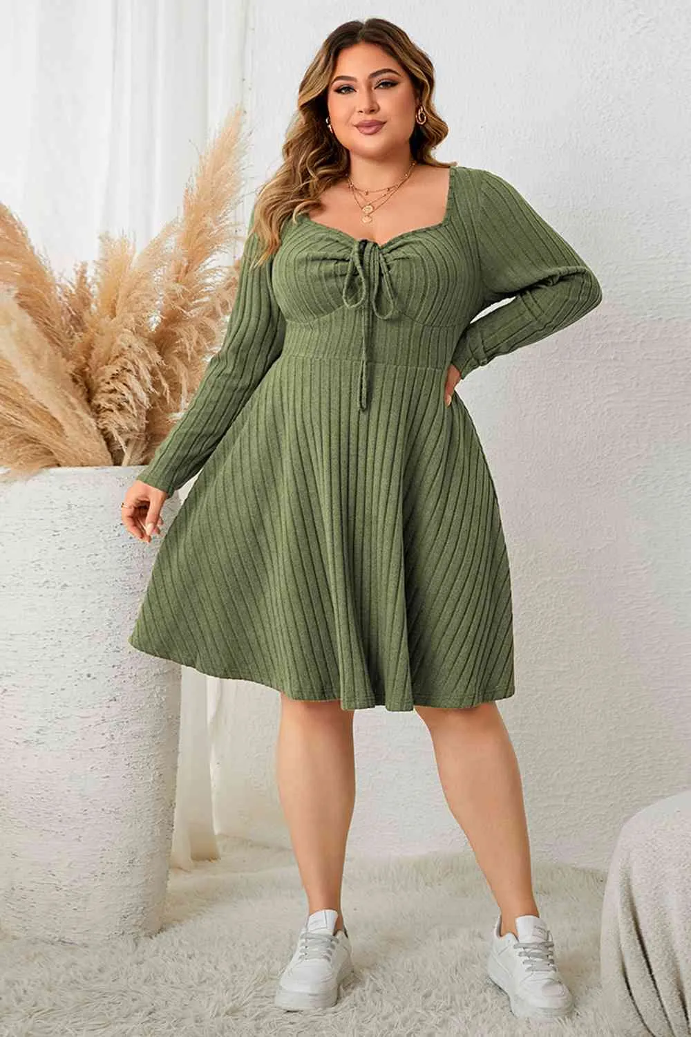 TEEK - Plus Size Matcha Green Sweetheart Neck Long Sleeve Ribbed Dress