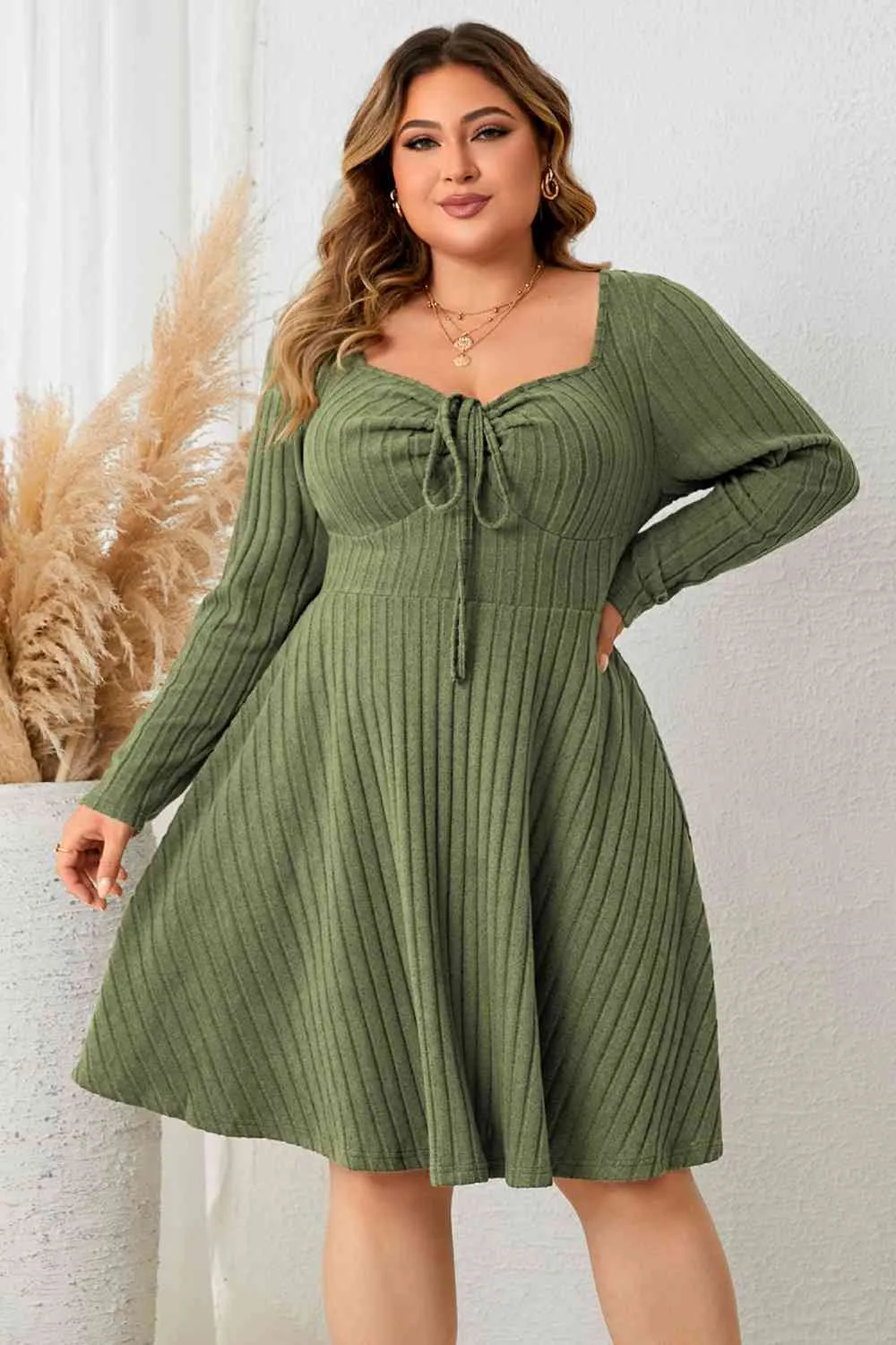 TEEK - Plus Size Matcha Green Sweetheart Neck Long Sleeve Ribbed Dress