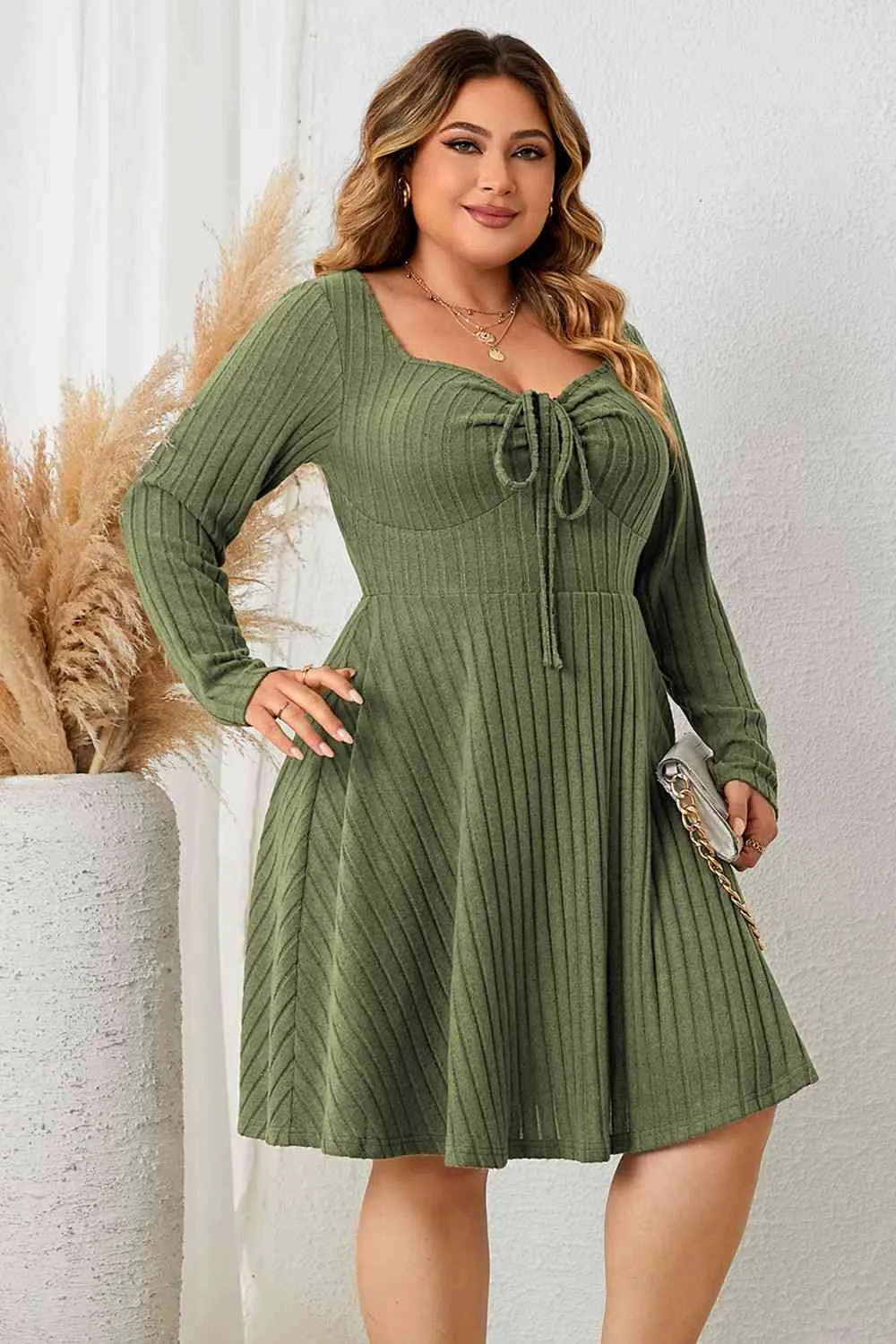 TEEK - Plus Size Matcha Green Sweetheart Neck Long Sleeve Ribbed Dress