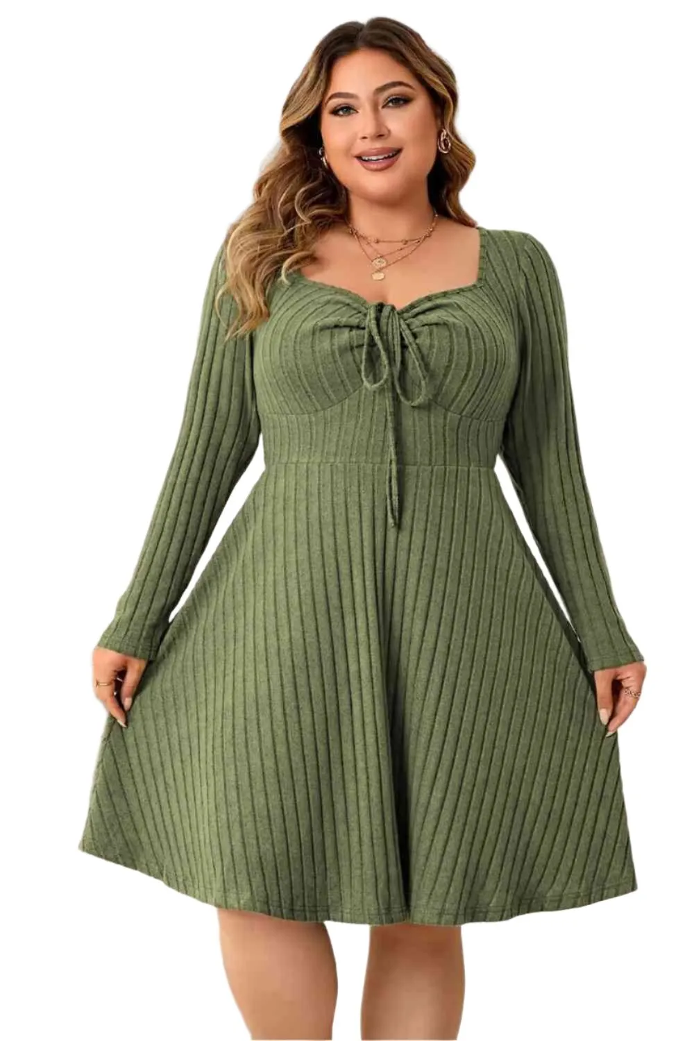 TEEK - Plus Size Matcha Green Sweetheart Neck Long Sleeve Ribbed Dress