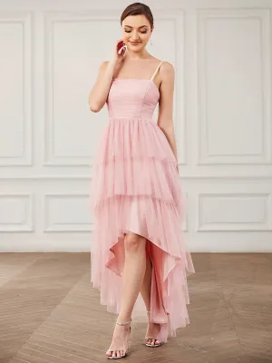 Tulle Spaghetti Strap Ruffled High-Low Bridesmaid Dress