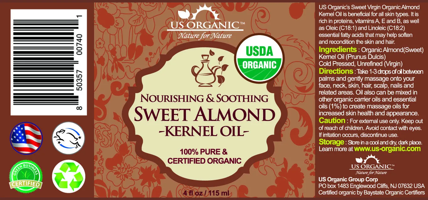 US Organic Sweet Almond Kernel Oil, 100% Pure Certified USDA Organic, 4 oz