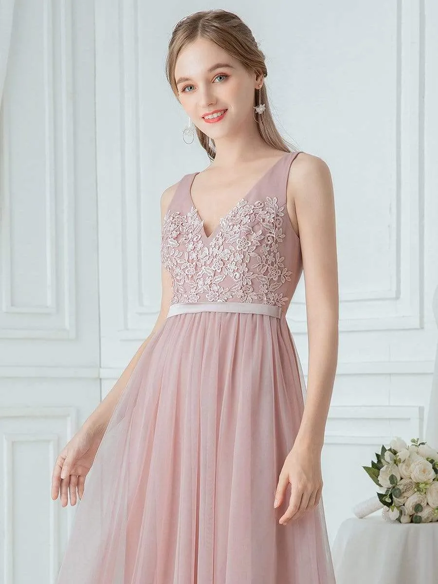 V-Neck Maxi Long Embroidery Appliqued Tulle Bridesmaid Dress