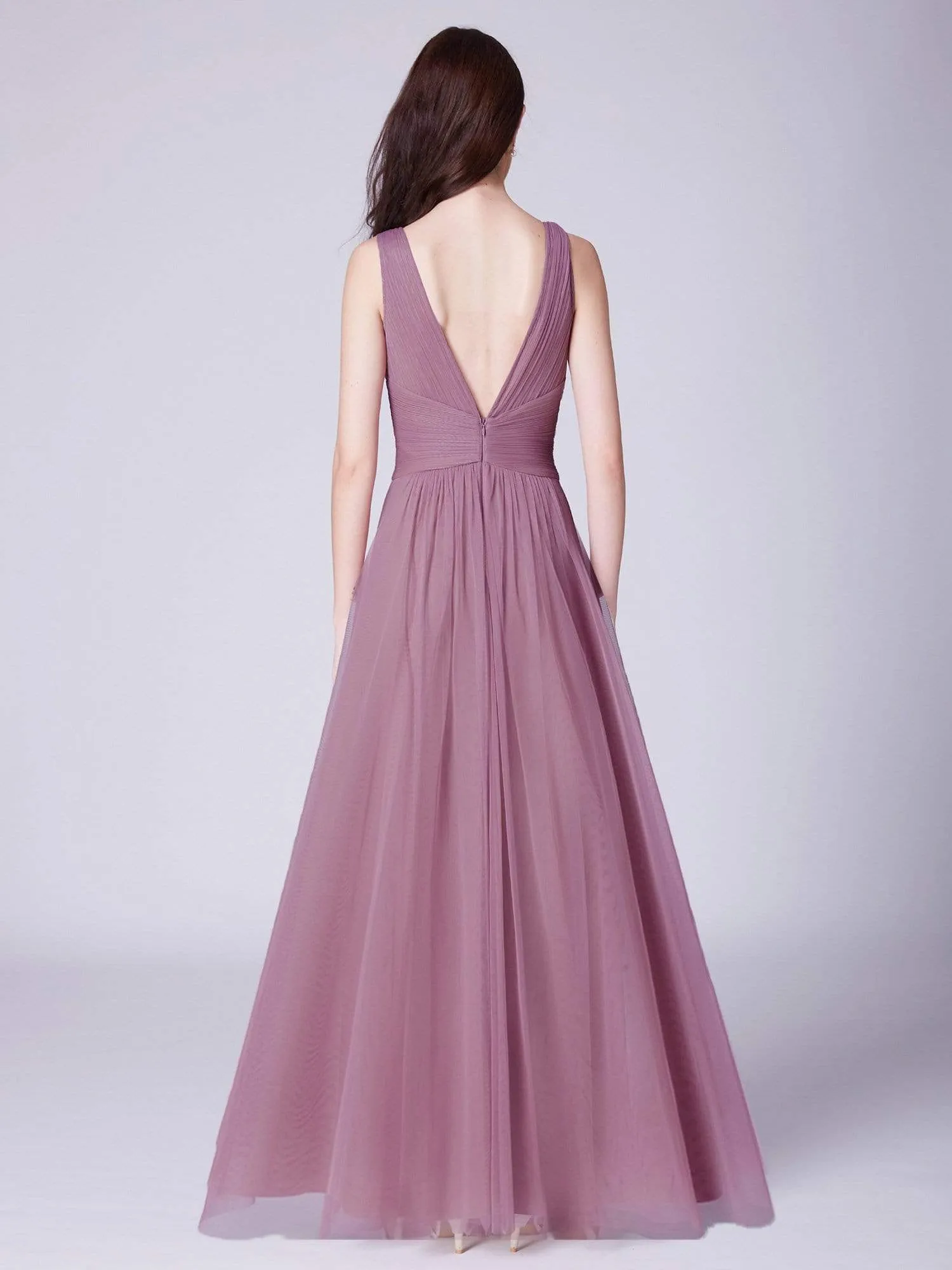 V Neck Ruched Waist Long Tulle Bridesmaid Dress