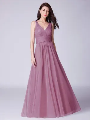 V Neck Ruched Waist Long Tulle Bridesmaid Dress